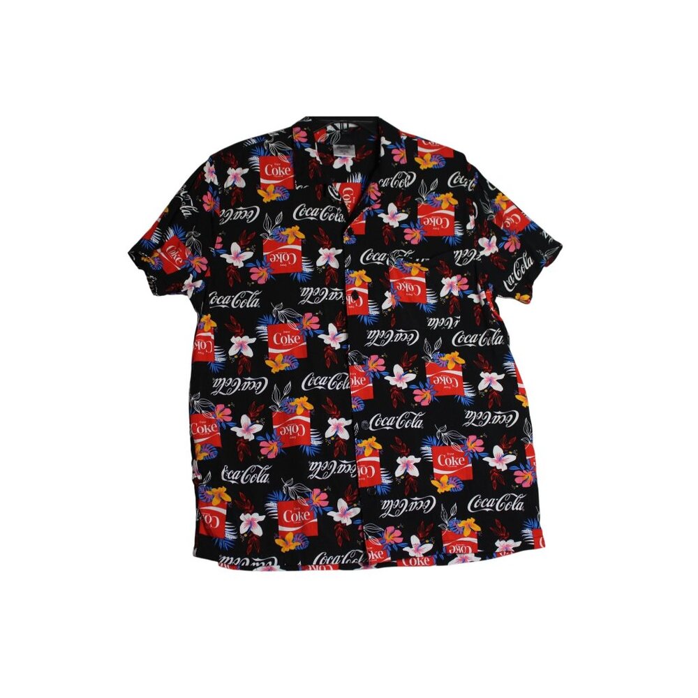 Coca‎ Cola Logo Black Hawaiian Floral Button Up Shirt Mens Medium